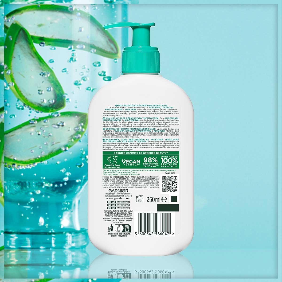 Garnier Hyaluronic Aloe Vera Facial Cleanser: Hydrating, Soothing Vegan Face Wash for Sensitive Skin - Sulfate-Free, 8.45 fl oz