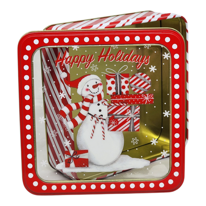 Square Cookie Tin with Window - Happy Holidays Snowman